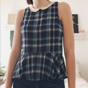🌸 Hollister Navy Plaid Peplum Top 🌸